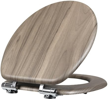 Fanmitrk WC Sitz mit Absenkautomatik, hochwertiger Toilettendeckel aus MDF Holz, Einfache Montage Stabiler Klodeckel, Toilettensitz passend für Standard-O-Form-WC (graue Walnuss-Optik)
