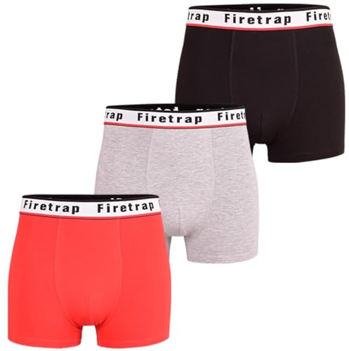 Firetrap Mens 3 Pack Designer Boxer Shorts, Underwear Gift Set Trunks Comfortable Stretch Cotton Plain Colours Mens Briefs Red, Black, Grey M