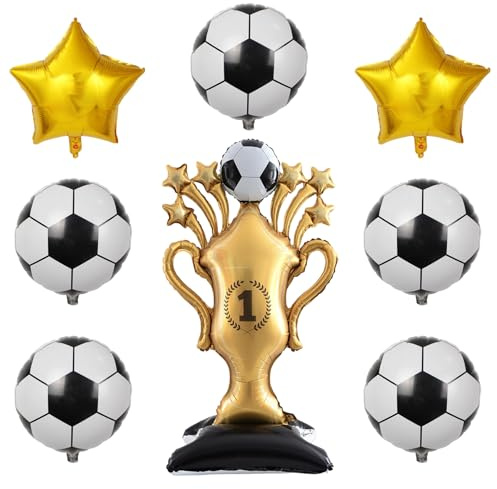 8Pcs Football Balloons, Football Birthday Decorations, Large Standing Trophy with Five Footballs and Two Gold Stars, Ideal for World Cup Events and Sports Celebrations