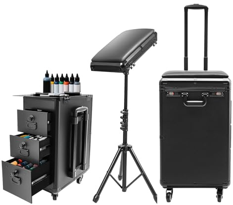 VonVVer 3 in 1 Tattoo Travel Case with Tattoo Armrest & 3 Drawers | Rolling Makeup Train Case, Lockable Tattoo Artist Portable Work Station with Removable Tripod, 20KG Load, Metal Top