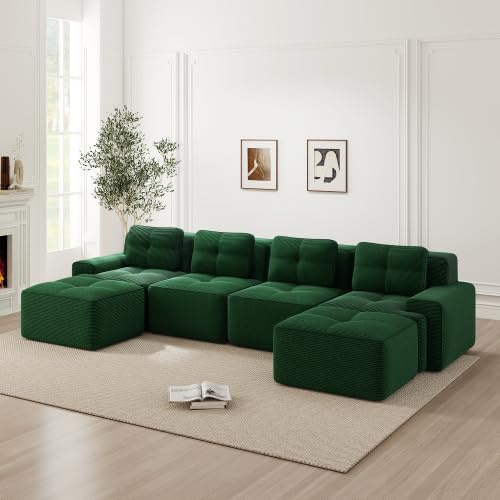Bladez Modulares 4-Sitzer Cord Sofa U-förmiges Ecksofa Schlafsofa mit Ottoman,Montagefrei, Tiefsitz Boneless Kompression Couchs, Kombinierbares，Loungesofa für Wohnzimmer(Grün, 4-Sitzer+2)