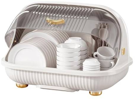 Qooplu Dish Drying Rack With Transparent Dust-Proof Cover And Drip Tray - Multi-Functional Kitchen Storage Box Organizer For Bowls, Plates, Cups, And babe Nursing Bottles
