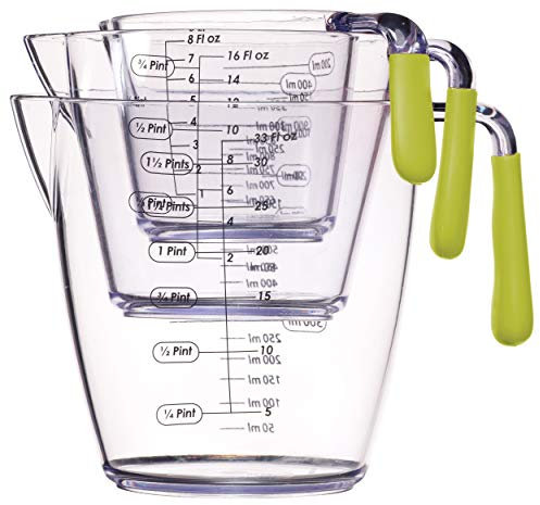 Colourworks 3 Piece Acrylic Measuring Jug Set, Stackable Jugs for Cooking Baking with Coloured Soft Grip Handle - Green
