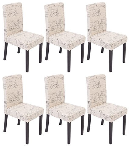 Mendler 6er-Set Esszimmerstuhl Stuhl Küchenstuhl Littau - Textil mit Schriftzug, Creme, dunkle Beine