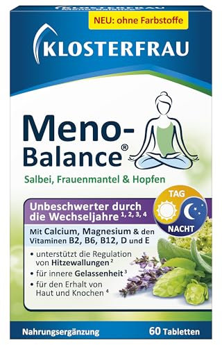 Klosterfrau Meno Balance | 60 Stück | für die Wechseljahre mit Salbei, Frauenmantel, Hopfen, Vitamin B Komplex & Mineralstoffen | unterstützt Regulation von Hitzewallungen | erhält Haut & Knochen