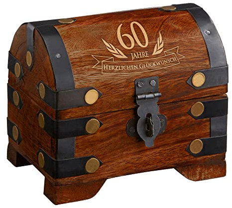 Casa Vivente Kleine Schatztruhe zum 60. Geburtstag, Schmuckkästchen mit Gravur, Aufbewahrungsbox aus dunklem Holz, Verpackung für Gutscheine, Geburtstagsgeschenk für Männer und Frauen