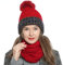 DonDon Damen Wintermütze Strickmütze gefüttert warm und weich mit Bommel rot-blau-beige