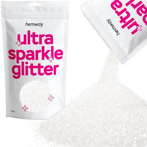Paillettes extrafines à usages multiples de qualité supérieure par Hemway - Couleurs uniques - Poudre de 375 microns, 0,4 mm - 100 g de poudre - Pour faire des loisirs créatifs, art, artisanat, décorations, art sur verres, tables de mariage, cadeaux, cartes, fleurs, maquillage visage, yeux, corps, ongles, peau, cheveux, barbes., blanc, 1/64 0.015 0.4mm 375 microns