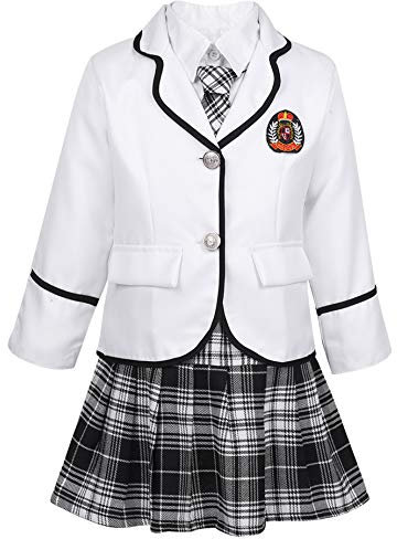 TiaoBug Mädchen Schulmädchen Kostüm Komplett Uniform Jacke Blazer + Langarm Bluse Weißes Hemd, Karierte Krawatte Mini Rock Japanischer Anime Fasching Weiß 128-140