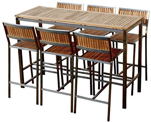 ASS BAR-Set - Edelstahl Teak Bartisch Bistrotisch 160x60cm mit 6X Barhocker Modell: MEXIKO