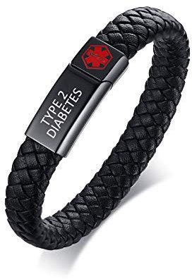 XUANPAI TYPE 2 DIABETES Pre-Engarved Medical Alert Notfall Schmuck-Schwarz Geflochtenes Leder Medical Symbol Caduceus mit Magnetverschluss Manschette Armband Armband, 8,2 