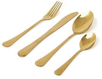 Sabichi Gold Hammered Cutlery Set - Flatware Set for 4 People - 4X Table Knife, Fork, Spoons - Easy to Clean Cutlery Set