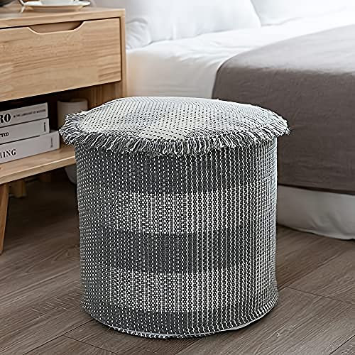 MOCOFO Decoration Pouf Cover Ungefüllte Runde für Wohnzimmer, Cotton Woven Poufs ， Osmanischer Fußhocker （Grau, 35x35x30cm）