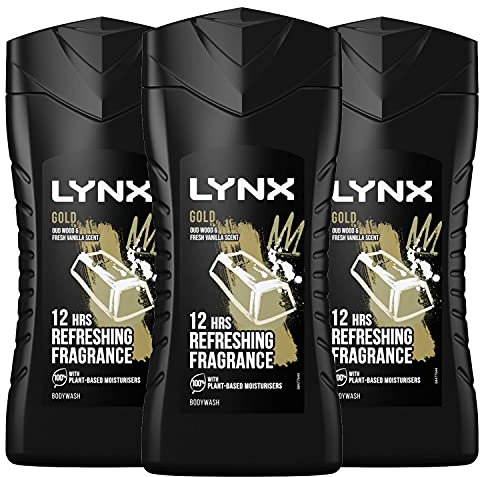 3 Pack of Lynx 12 Hour Refreshing Fragrance Gold Oud Wood and Vanilla Body wash with Plant-based Moisturisers & Dual Action Power, Keep Smelling Irresistible!