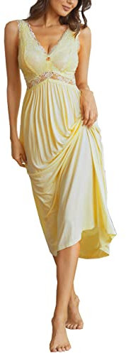 Alcea Rosea Femme Pyjama Longue Chemise de Nuit en Dentelle Décolleté en V sans Manches Négligé Elégant S-XXXL (Jaune Clair, 3XL)