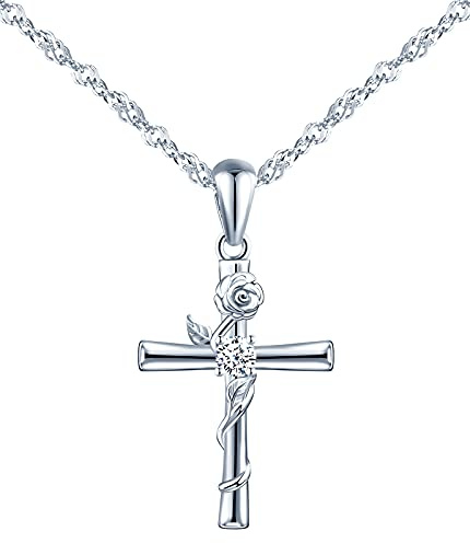 MicVivien Schmuckset Rose Kreuz Ohrringe Halskette Set in 925 Sterling Silber für Frauen Mädchen, Blumen Kreuz Anhänger mit Kette 45cm, Blumen Kreuz Ohrstecker Silber Damen Schmuck
