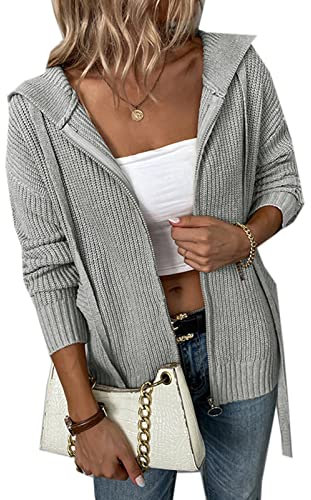 Strickjacken mit Kapuze für Damen Reißverschluss Langarm Einfarbig Gestrickte Cardigan Mäntel Mit Taschen, Grau, XL