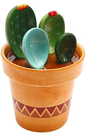 Cactus Measuring Spoons Set in Pot, Cute Ceramic Cups and Spoons with Holder for Sugar, Milk Powder, Salt, Kitchen Home Small Decorations Ornaments