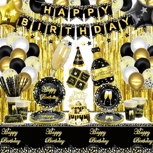 XJLANTTE 163 PCS Decorazioni per Feste in Oro e Nero - Palloncino per Feste in Oro Nero, Striscione di Compleanno, Tazze e tovaglia per Uomini e Donne Forniture per Feste, per 20 Ospiti, Oro Nero-l