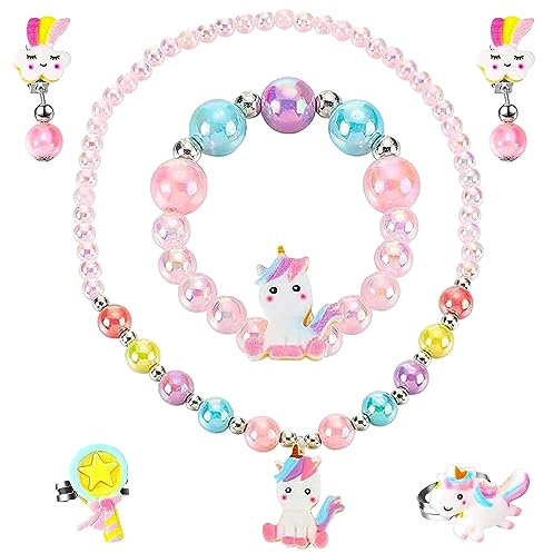 6 Stück Einhorn Kinder Schmuckset Mädchen, Prinzessin Kinder Schmuck Set, Einhorn Kinderkette Armband Ringe Ohrringe, Einhorn Kinderschmuck Geschenk Für Kinder Mädchen Party Mitgebsel