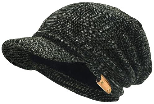 Herren Dame Dick Vlies Gefütterte Strickmützen Stricken Slouch Mütze Mit Visier (Grün/Schwarz)