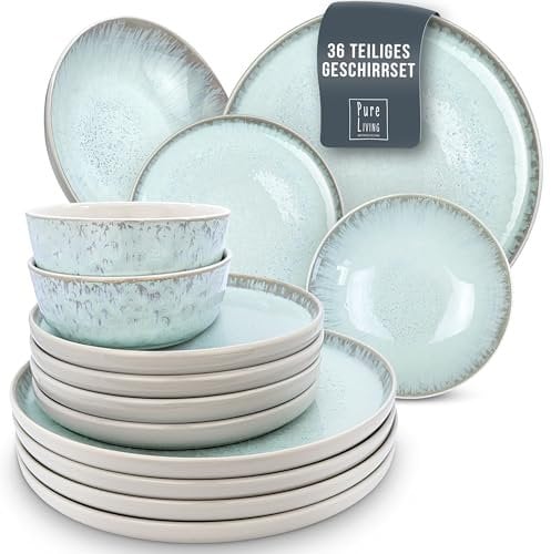 Steingut Geschirrset 12 Personen Ibiza 36 tlg. TESTSIEGER, Hochwertiges Mediterranes Steingut Geschirr Set, Schüssel- und Teller Set, Tafelservice 12 Personen, Geschirrsets Pure Living in Blau-Beige