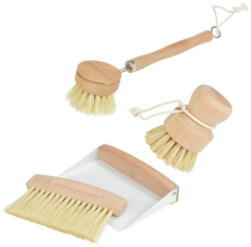 Macosa UMEN347_UMEN349_UMEN346 Set Brosse à vaisselle Brosse à légumes et balayette de table en bois naturel métal hêtre sisal Brosse de nettoyage Brosse à vaisselle Accessoires de cuisine Brosse à