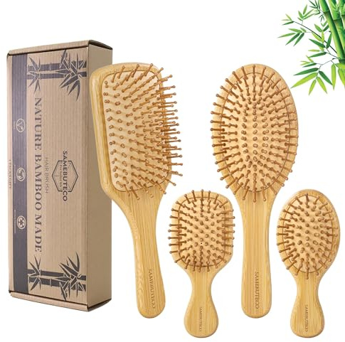 SAMEBUTECO Bamboo Hair Brush Set 4 Styles Paddle Detangling Brushes for Thick, Thin, Curly, and Dry Hair Women and Girls Hair Message Brushes 2 Indoor Used 2 Outdoor Used Travel portable