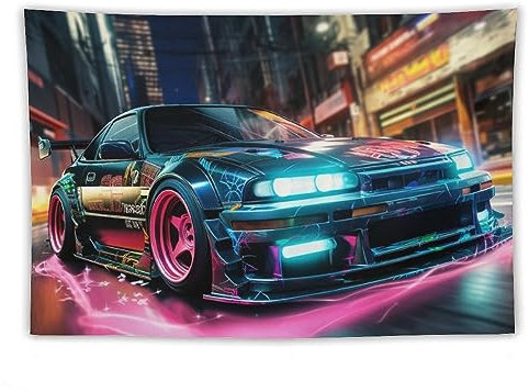 FeoYoed Jdm Car R34 Wandteppich, japanisches Auto, Graffiti, coole Neon-Nacht, Wandbehang, ästhetische Dekoration für Schlafzimmer, Wohnzimmer, Wandkunst, Wandteppich, 101,6 x 152,4 cm