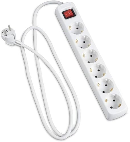 Regleta de 6 Salidas con Interruptor, 1,5 m, 3G, 1,5 mm² Blanca para distribución eléctrica y protección de Dispositivos.