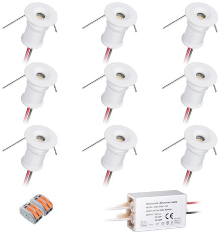 HHTUN Mini Downlight DC12V 1W 3000K 9 Pack White Shell,Used for Indoor Wardrobe Lighting, Cabinet Lighting, Artwork Mini Light, Embedded Downlight, DIY Mini Light(3000K,White,9Pack)…