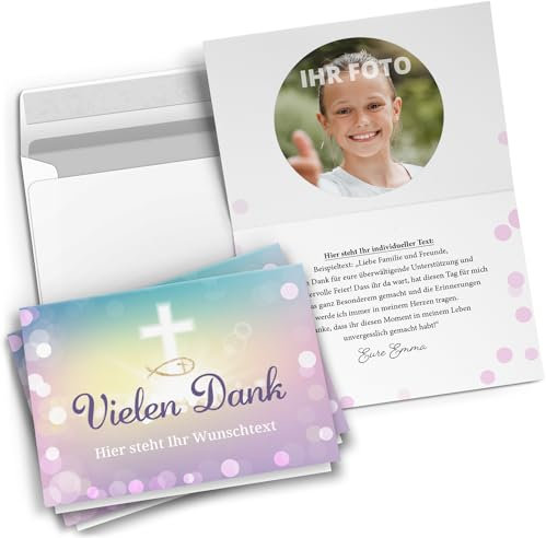 10 PERSONALISIERTE Dankeskarten mit Text und Foto - Danke Rosa - Dankeskarte Kommunion Konfirmation Taufe Hochzeit kirchlich mit Umschlägen