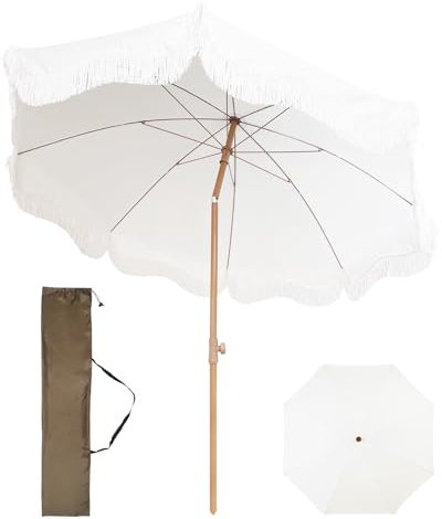 Sombrilla De Playa Protección Uv50+ Blanco Sombrilla Jardín Con Flecos Beach Umbrella For Sand Sombrilla Inclinable 2x2m Sombrilla Terraza Portátil Sombrilla De Exterior Con Bolsa Impermeable