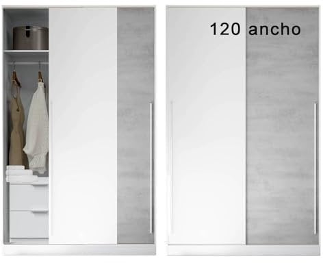 Armario Dormitorio con Cajonera 120cm Ancho Puertas Correderas Blanco y Gris Motee