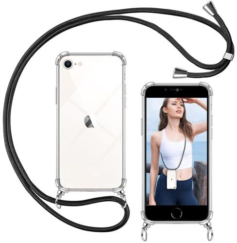ISOI - Funda con Cuerda para iPhone 7/8/iPhone SE 2020/2022, Colgante Ajustable Collar Correa, Carcasa Transparente Cordón Suave TPU Silicona, con Parachoques de Airbag a Prueba de Golpes- Negro