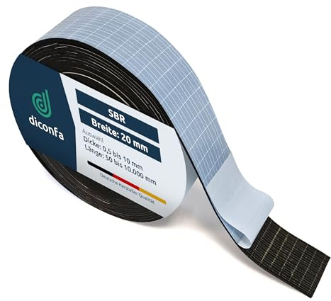 diconfa Gummistreifen selbstklebend SBR 20mm 2cm BREIT, 8000mm x 1mm | WÄHLEN: DICKE 0,5 bis 10mm - LÄNGE 0,05 bis 10m - 800cm 8m lang, 1 mm dick - Gummimatte Meterware Gummi starke Haftung