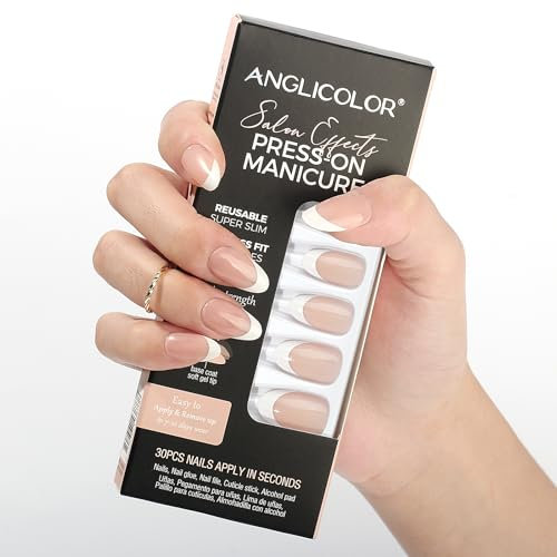 Anglicolor Ongles à pression,ongles à pression French Tip,ongles à pression courts,ongles courts en amande,30 faux ongles en gel souple en 15 tailles,kit de faux ongles réutilisables (A103, 30 unités)