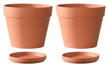 IOEDHW Lot de 2 Pots de Fleurs en Terre Cuite, Grands Pots de Fleurs en Terre Cuite avec Trou de Drainage et Soucoupe, Pots en Terre Cuite pour Plantation intérieure et extérieure, Grands Pots