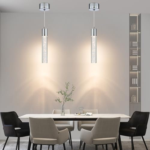Mikeru Moderne Led Pendelleuchte, 3000k/4500k/6500k Tri-Color Schlafzimmer Pendelleuchte, 25.5cm Kristall-Kronleuchter Für Hängelampe Kücheninsel (DQP-Silve, 2-Pack)