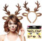 Serre-tête de renne en bois de cerf,Autocollants Visage de Renne,Femme Serre-tête de Renne,serre-tête renne avec oreilles,Bandeau de Noël,pour Halloween,Costume Carnaval Déguisement (Marron foncé)