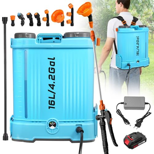 Battery Powered Sprayer 16L, 21V Electric Sprayer with 6 Mist Nozzles, Garden Sprayer, Weed Sprayer, Water Sprayer with Adjustable Shoulder Strap