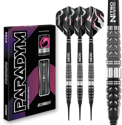 RED DRAGON Darts - Paradym - 90% Wolfram - 18g Fass/ 20g Volles Gewicht Professional Weiche Spitze Dart-Set mit Dart Flüge und Dartschäfte