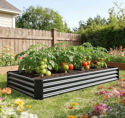 VERFARM Metal Galvanized Raised Garden Bed Kit, 8 x 4 x 1 ft Galvanized Steel Raised Garden Planter Box Outdoor with Open Base for Growing Vegetables/Flowers/Herbs/Fruits/Succulents, Black