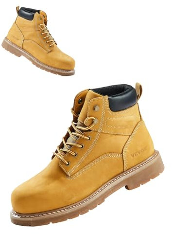 VEVOR Stivali da Lavoro con Punta in Acciaio, Taglia US 12, Stivali da Lavoro Impermeabili, Scarpe da Lavoro Antiscivolo con Suola in Gomma Leggeri per l'Industria Edile, Marrone Giallo