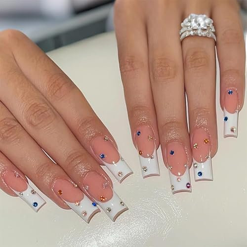 French Tip False Nails - Long Medium Square Press On Nails With Rhinestone - Glossy Removable White Tip Nude Stick On nails - Acrylic Full Cover Fake Nails For Women Girls DIY Nail Art Accessories