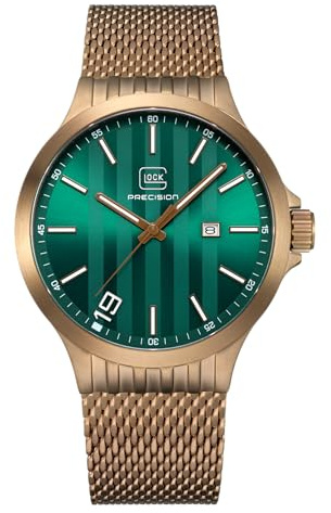 GLOCK Herren Quarz Uhr | 44mm Gehäuse | Armbanduhr mit Coyote-Edelstahlgehäuse | Grünem Zifferblatt | Coyote Mesharmband | 10ATM | GW-12-2-24