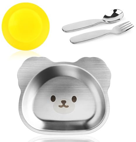 QOUBNIC Assiettes Bébé en Acier Inoxydable avec Ventouse, Assiettes à Ventouse pour Bébé Assiettes en Acier Inoxydable avec Ventouse pour Bébé, Ustensiles pour Bébé avec Cuillère et Fourchette
