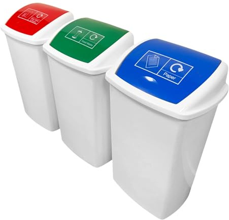 Chabrias Ltd 50 Litre Plastic Swing Top Bin, Set of 3 Flip Top Recycling Bins for Glass/Metal/Plastics, Food Waste, and Paper – Ideal for Home, Office, or Commercial Use