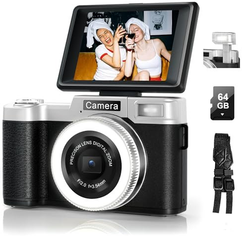 Digital Camera, 64MP 4K Cameras for Photography and Vlogging with Beauty Ring Light, 64GB SD Card, 18X Zoom Autofoucs, 180° Flip Screen Compact Portable Youtube Camera for Beginners Adult Teens
