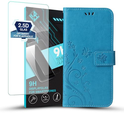 LBH Handy Hülle für Motorola Moto G14 Case mit 9H Displayglas Handytasche Schmetterling Blumen Flower Standfunktion Schutzhülle Magnet Rundum Schutz 360 Grad Flipcase Blau